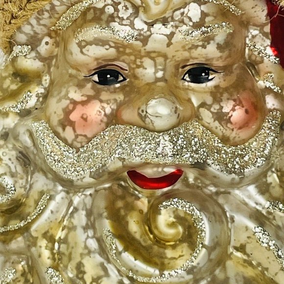 JUMBO 6 Inch Blown Glass Santa Face With Brass Tone Bell Christmas Ornament - Picture 10 of 13